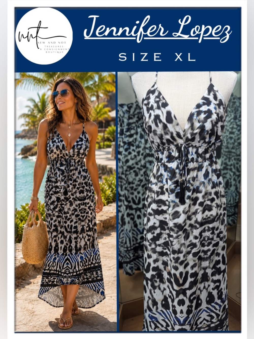 Jennifer Lopez XL Hi-Low Animal Print Maxi Dress Sleeveless Tassel Tie Resort